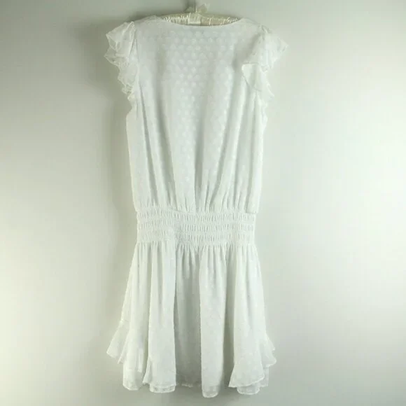 Ramy Brook Simona White Swiss Dot V-Neck Ruffle Trim Smocked Waist Mini Dress S - Picture 5 of 7